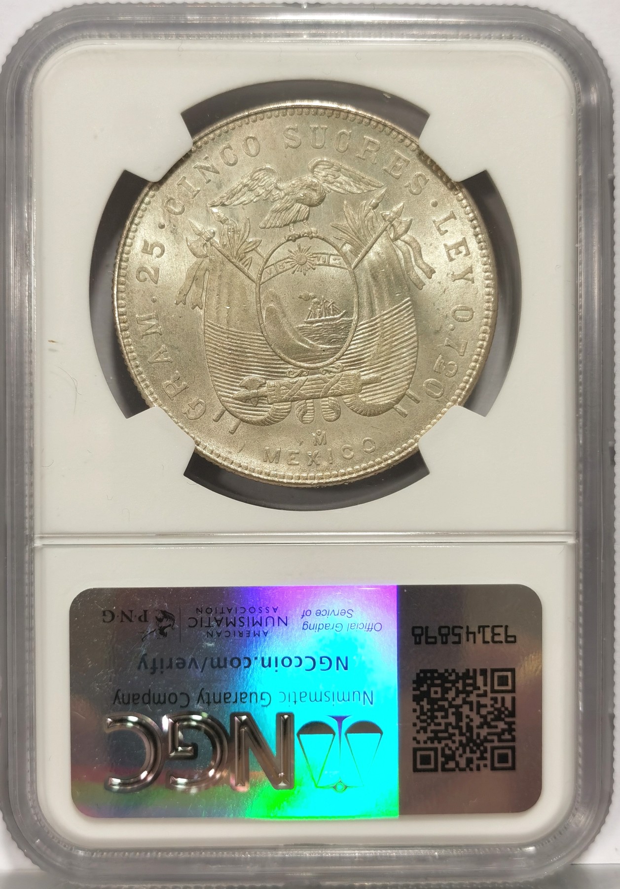 博洋堂世界钱币拍卖第057期（全场包邮） NGC MS63 厄瓜多尔1944年5苏克雷大银币 墨西哥代铸 卷拆品未清洗 凝霜光很漂亮