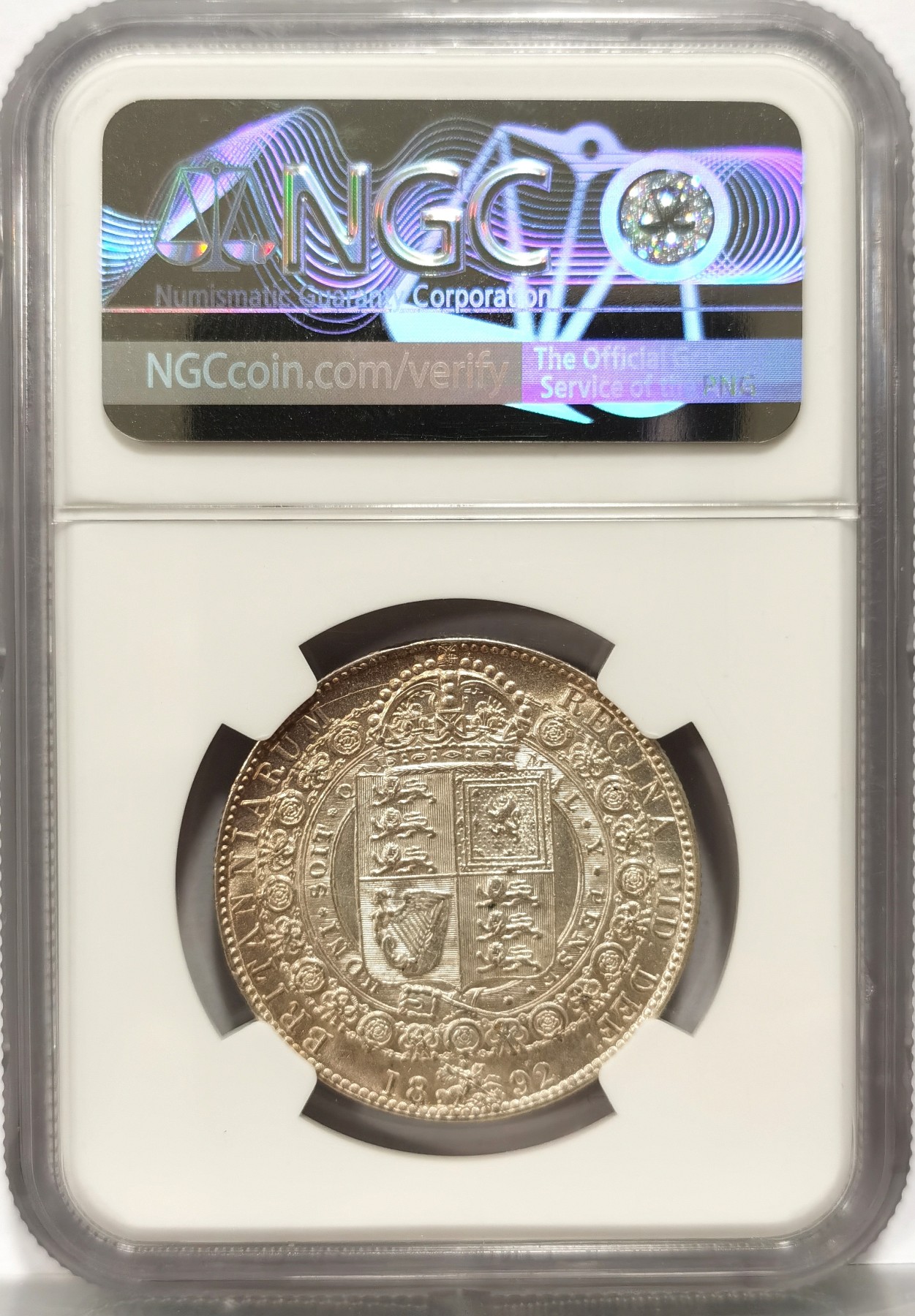 博洋堂世界钱币拍卖第057期（全场包邮） NGC MS62 英国1892年维多利亚高冠1/2克朗银币，小特年发行量少