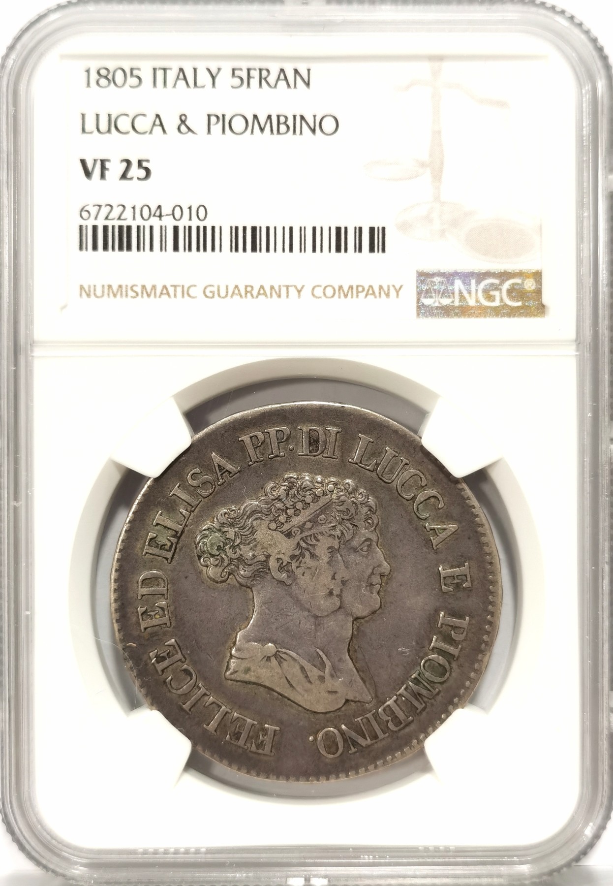博洋堂世界钱币拍卖第057期（全场包邮） NGC VF25 1805年卢卡&皮翁比诺5法郎 拿破仑妹妹埃莉莎·波拿巴受封的首年版 发行量仅8w枚 百年包浆老味道 出分不易