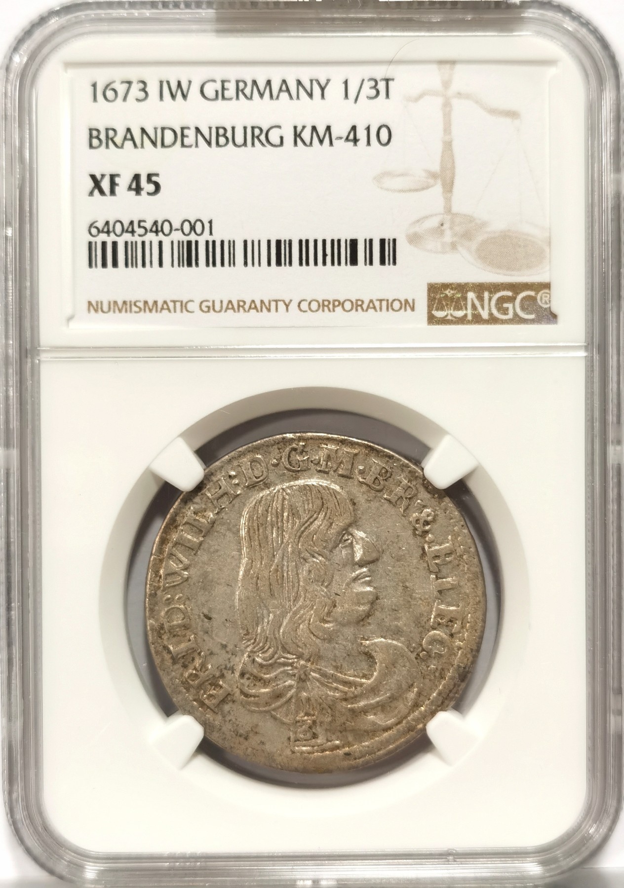博洋堂世界钱币拍卖第057期（全场包邮） NGC XF45 德国1673年勃兰登堡弗雷德里希1/3泰勒银币，双面深打，背逆，唯一冠军分，入盒仅有两枚有分，克书XF40标价600美金