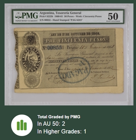 【Blue Auction】✨世界纸币精拍第408期【精】 【仅1张更高分 稀见实钞 855小号】阿根廷 早期 1860-61年50比索 PMG50 大票幅 目录价仅到XF 天平女神 