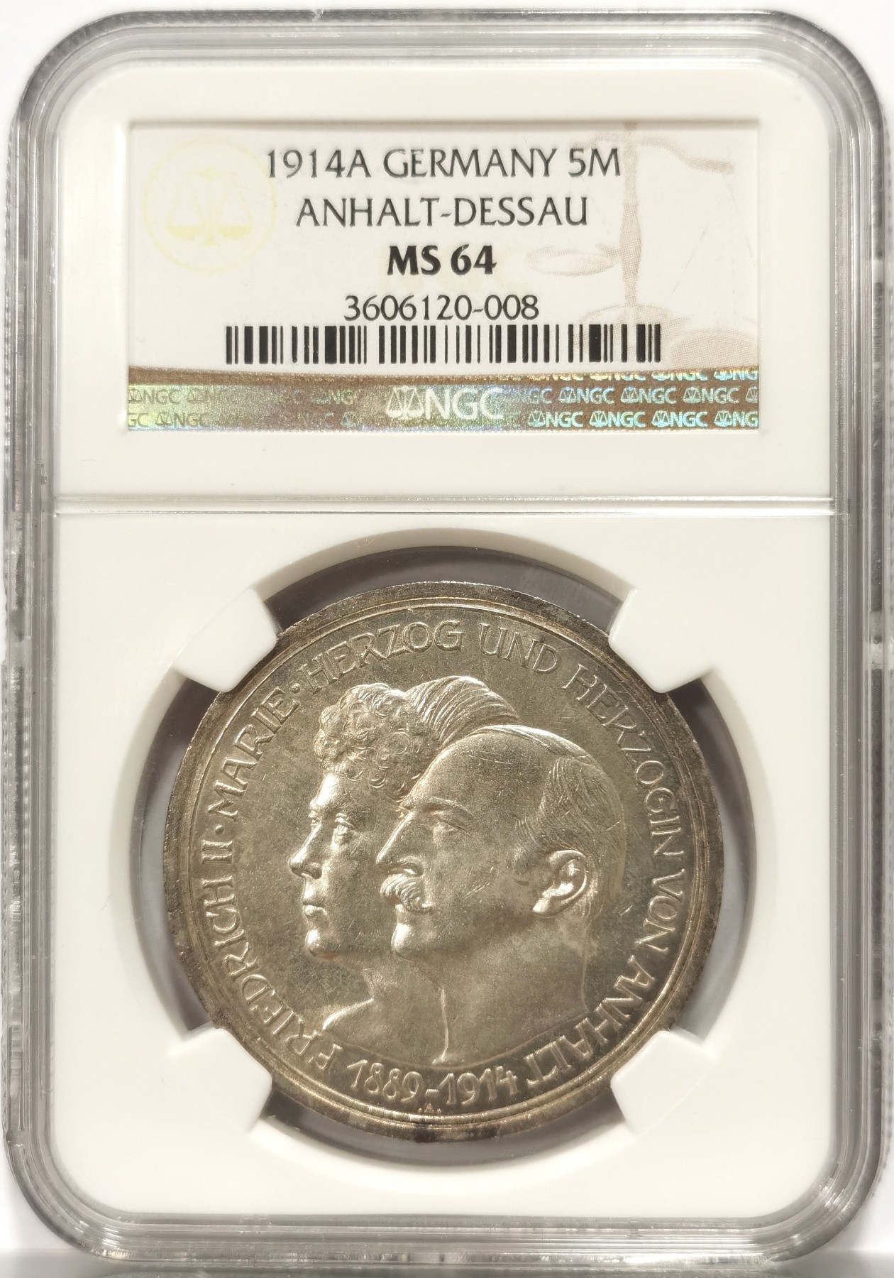博洋堂世界钱币拍卖第057期（全场包邮） NGC MS64 德国安哈特德绍1914年金婚5马克纪念银币，收藏级分数，底板镜面感