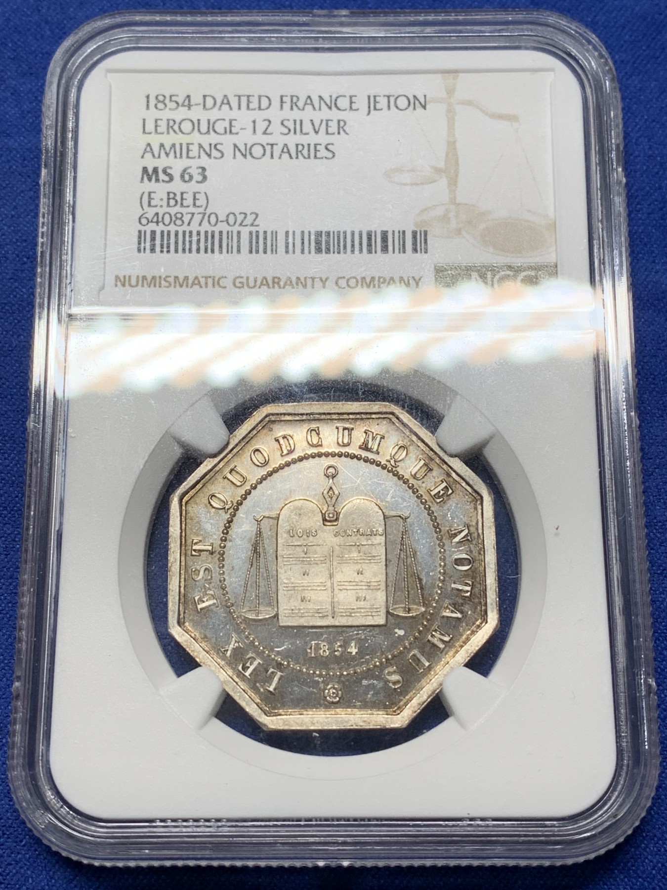 《竞宝斋》八角与章专场 第226场-周日，周一，周二 3场 (全场包邮) NGC-MS63 1860-1879年法国亚眠公证处八角银质代币，蜜蜂边铭