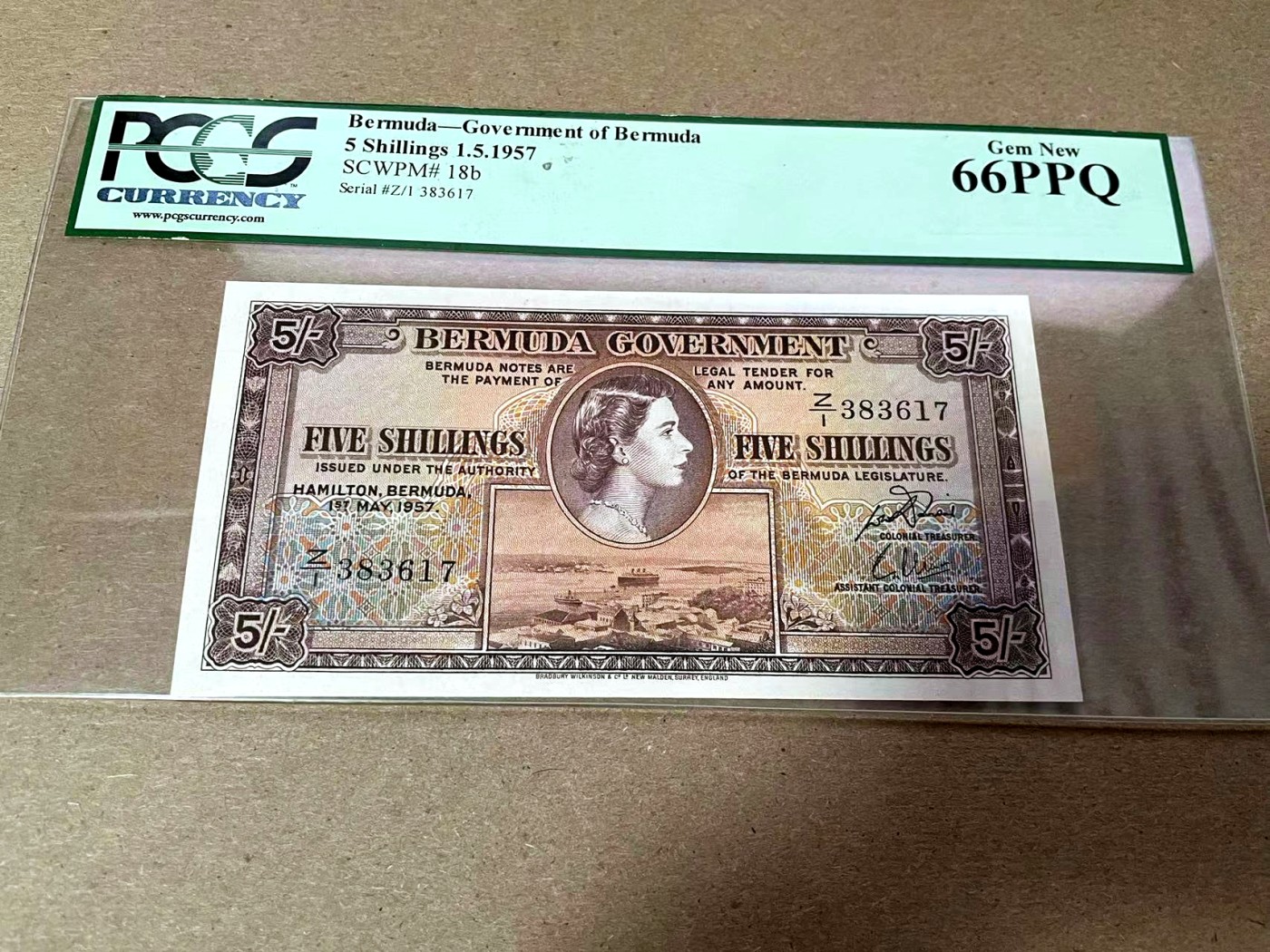 【Blue Auction】✨世界纸币精拍第408期【精】 【Z1冠】百慕大 1957年5先令 年轻女王侧面像 PCGS66EPQ 绿标 BWC出品 