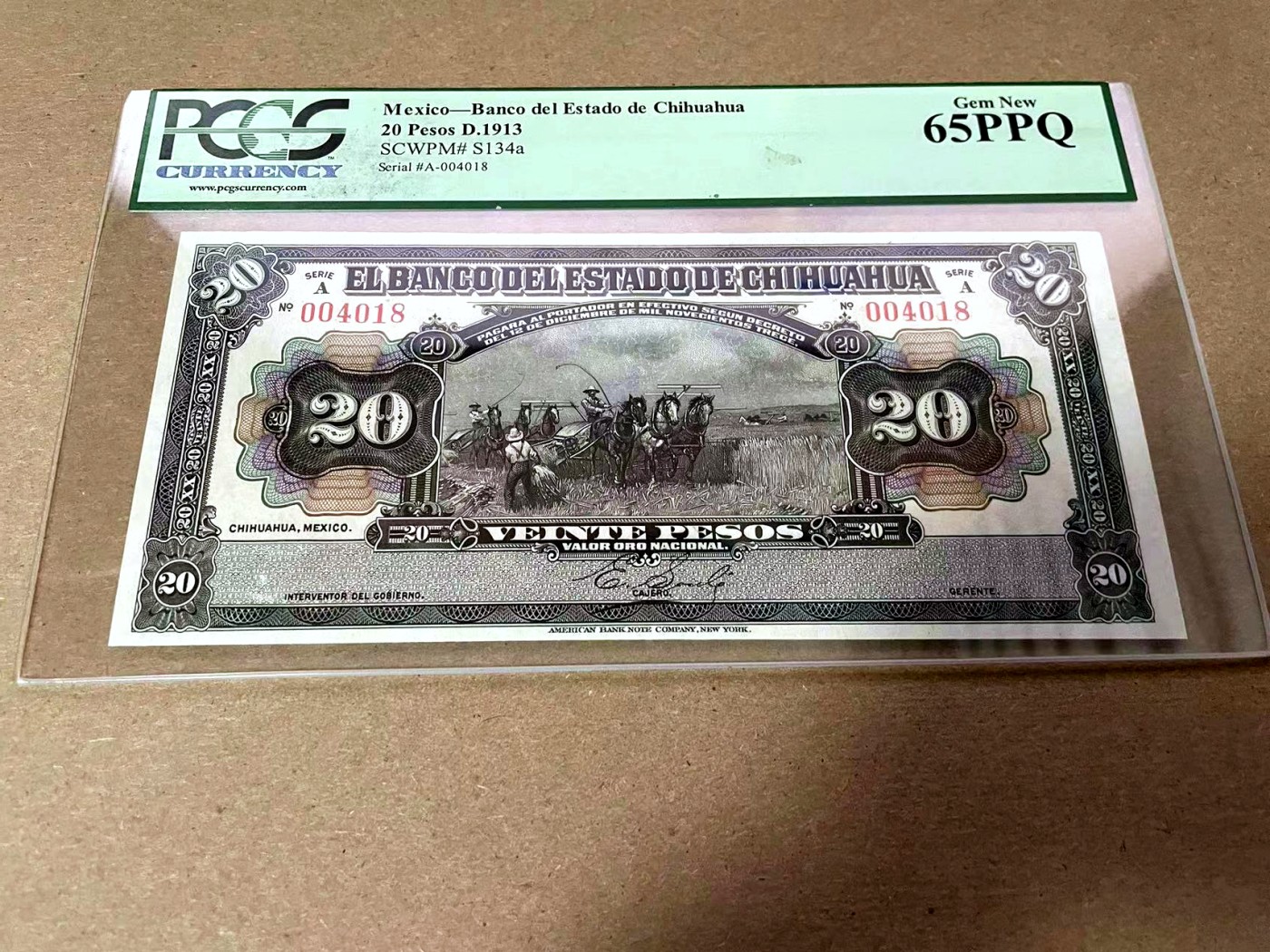 【Blue Auction】✨世界纸币精拍第408期【精】 【千位小号 实钞 百年风云】墨西哥 1913年20比索高值 PCGS65EPQ 绝品 ABNC出品 雕刻精美 大场景