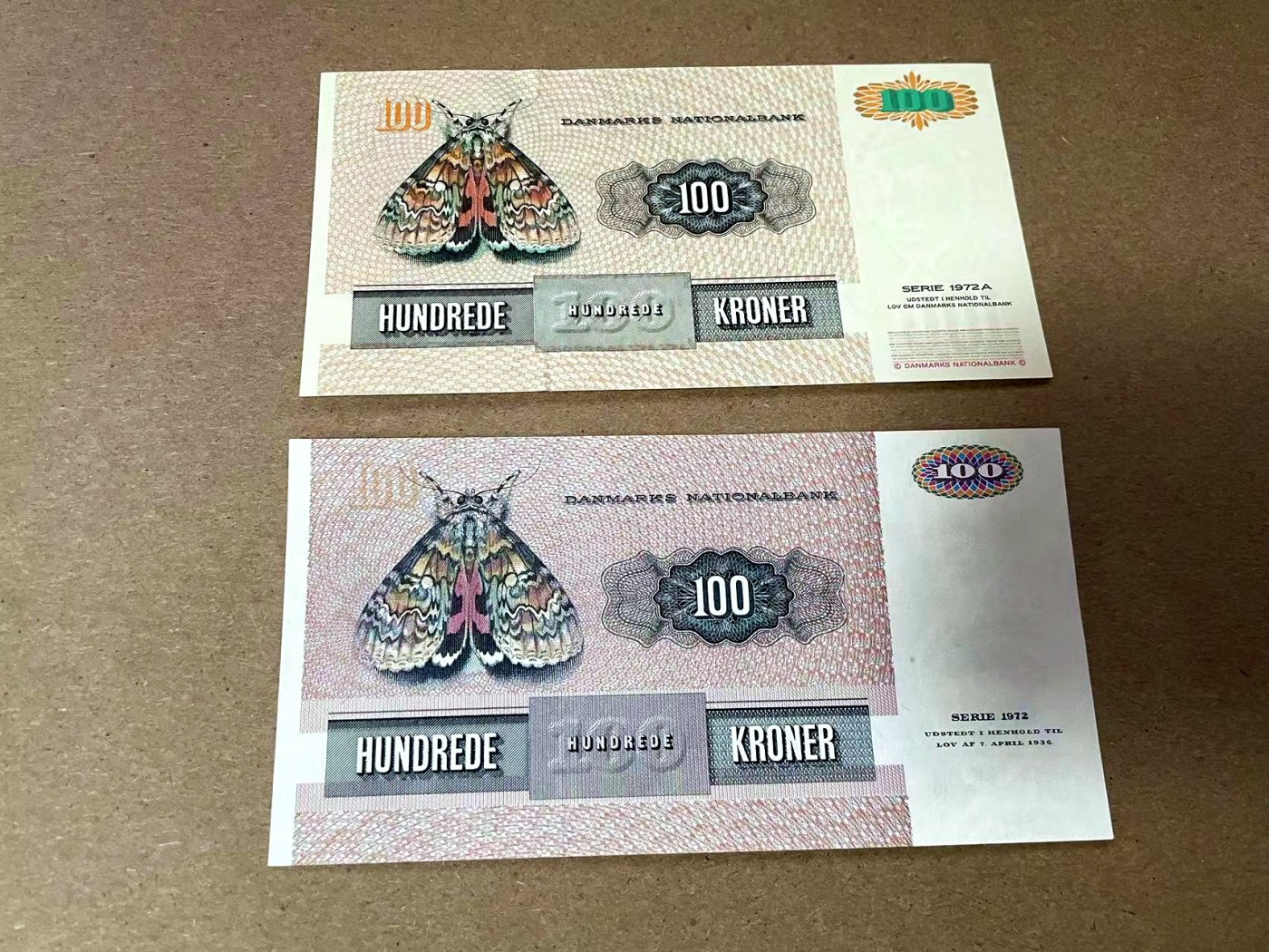 【Blue Auction】✨世界纸币精拍第408期【精】 【一组2张 无47】丹麦 1972版不同年份100元 UNC- 荧光斑