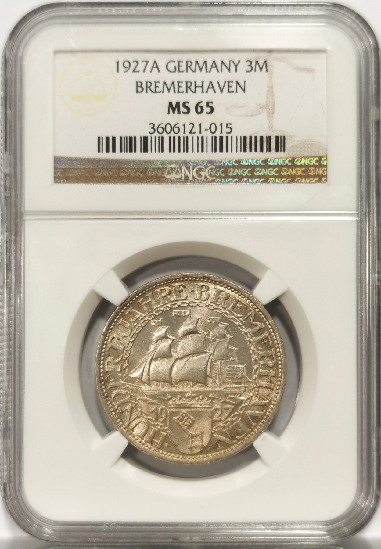 博洋堂世界钱币拍卖第057期（全场包邮） NGC MS65 德国魏玛1927年不来梅港3马克纪念银币