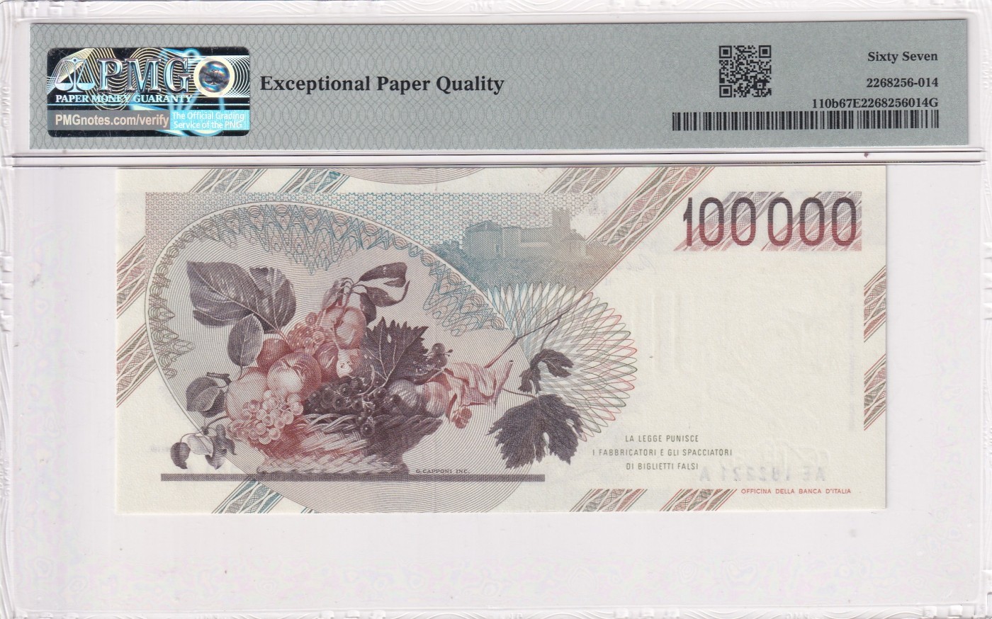 🌗乐淘淘世界纸币拍卖精品场 第35期🌓 【AE182221A】意大利1983年纸币 100000里拉 无47数三 PMG67EPQ 冠军分！