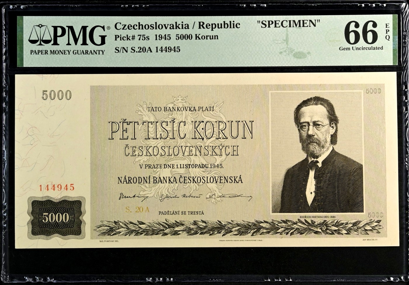 【Blue Auction】✨世界纸币精拍第408期【精】  【冠军分】捷斯 1945年5000克朗 PMG66EPQ 大票幅 音乐家斯塔美那 性价比超高 热门升值品种 样钞  