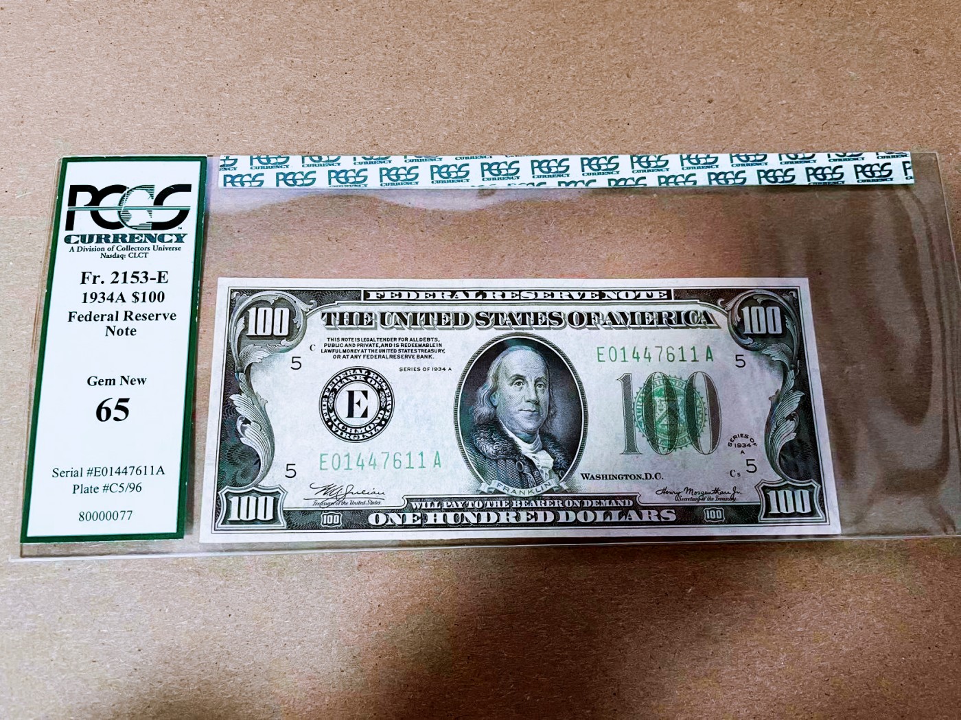 【Blue Auction】✨世界纸币精拍第408期【精】  【极少见Richmond版 fr.2153-E PMG仅3个记录冠军分仅64无E】美国 1934年100美金 PCGS65EPQ 绝品 绿标 非常老的壳子绝版 纸币居中且状态佳  