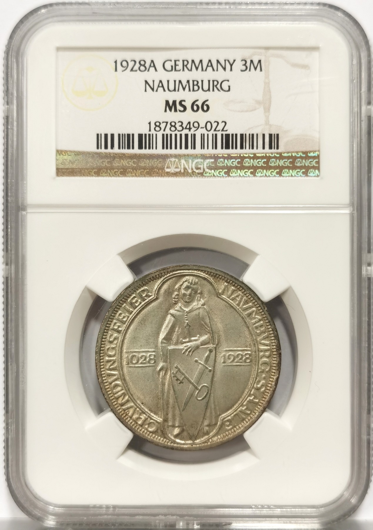 博洋堂世界钱币拍卖第057期（全场包邮） NGC MS66 德国魏玛1928年瑙姆堡3马克纪念银币
