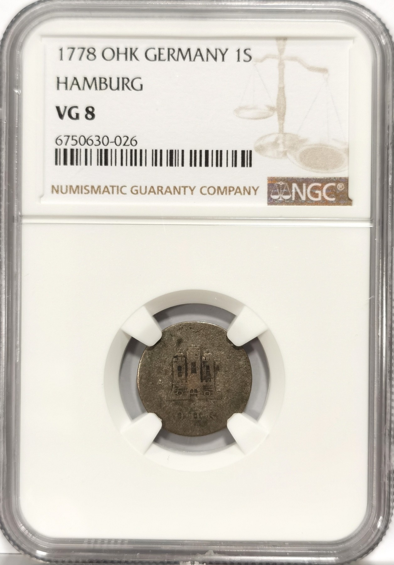 博洋堂世界钱币拍卖第057期（全场包邮） NGC VG8 德国汉堡1778年1先令银币，少见