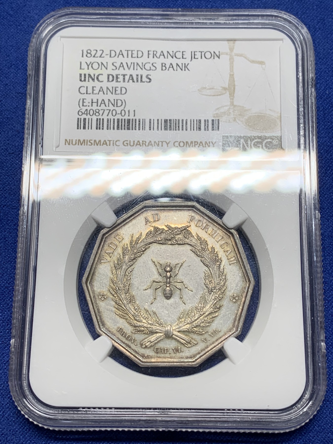 《竞宝斋》八角与章专场 第226场-周日，周一，周二 3场 (全场包邮) NGC-UNCD 1845-1860年法国里昂储蓄银行十角银质代币，黄油光，状态不错