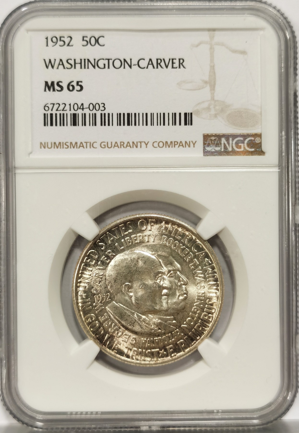 博洋堂世界钱币拍卖第057期（全场包邮） NGC MS65 美国1952年地图币 布克华盛顿纪念币 65分是个坎 强转光 底板很干净 没有苍蝇脚