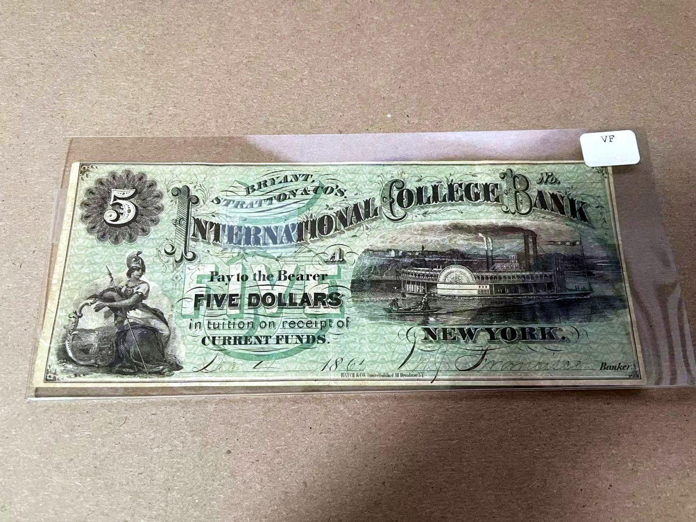 【Blue Auction】✨世界纸币精拍第408期【精】 【手签实钞】美国 纽约 1865年5美金 双面设计精美 大场景  非常罕见的品种 