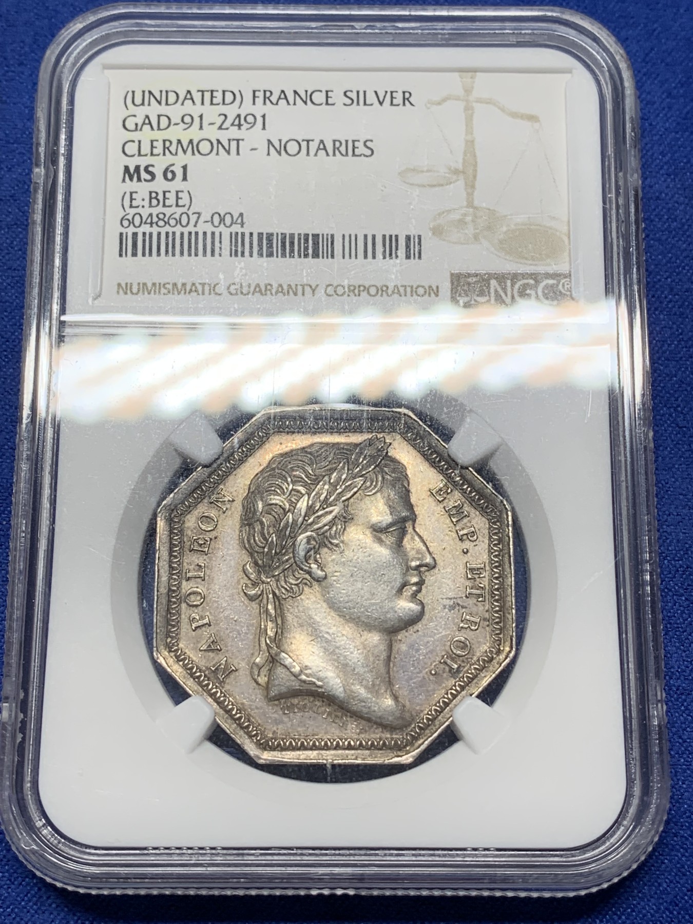 《竞宝斋》八角与章专场 第226场-周日，周一，周二 3场 (全场包邮) NGC-MS61 19世纪法国拿破仑一世克莱蒙公证人八角银质代币