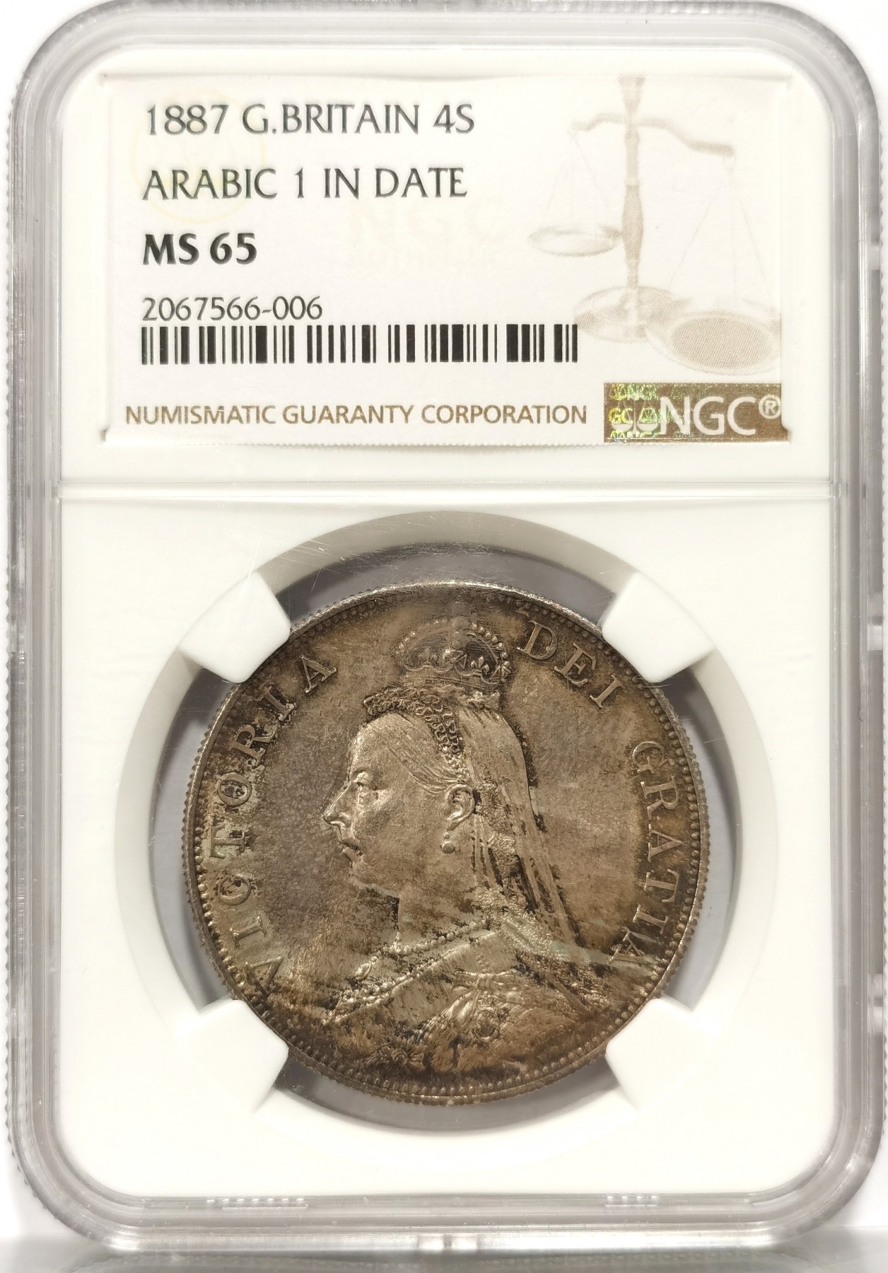 博洋堂世界钱币拍卖第057期（全场包邮） NGC MS65 英国1887年维多利亚高冠4先令银币，阿拉伯数字，亮彩包浆，超高分第三名