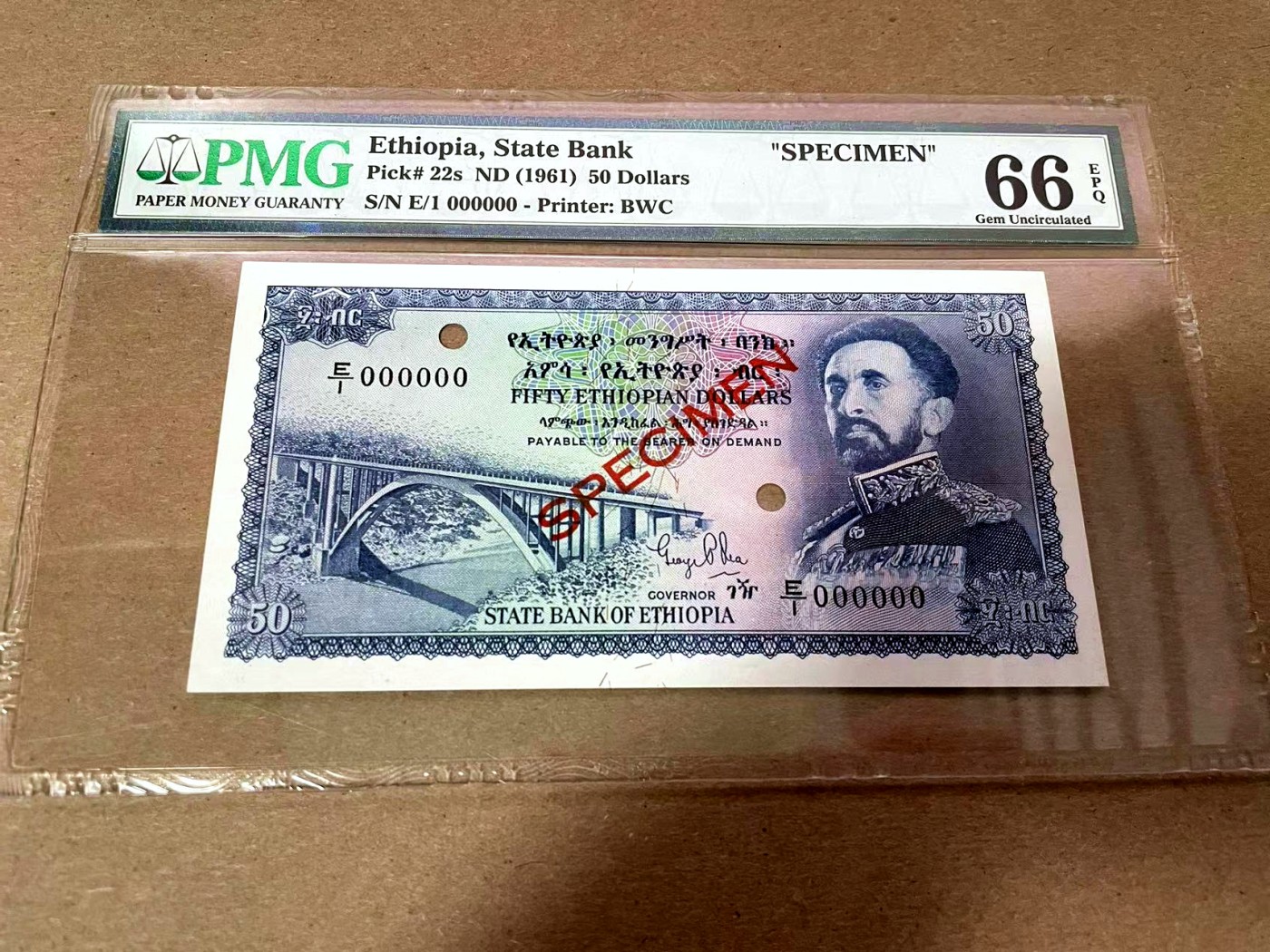 【Blue Auction】✨世界纸币精拍第408期【精】 埃塞俄比亚 1961年50元 末代国王海尔-塞拉西 主图是青尼罗河上的桥 PMG66EPQ 老壳子 样钞 BWC雕刻精美 