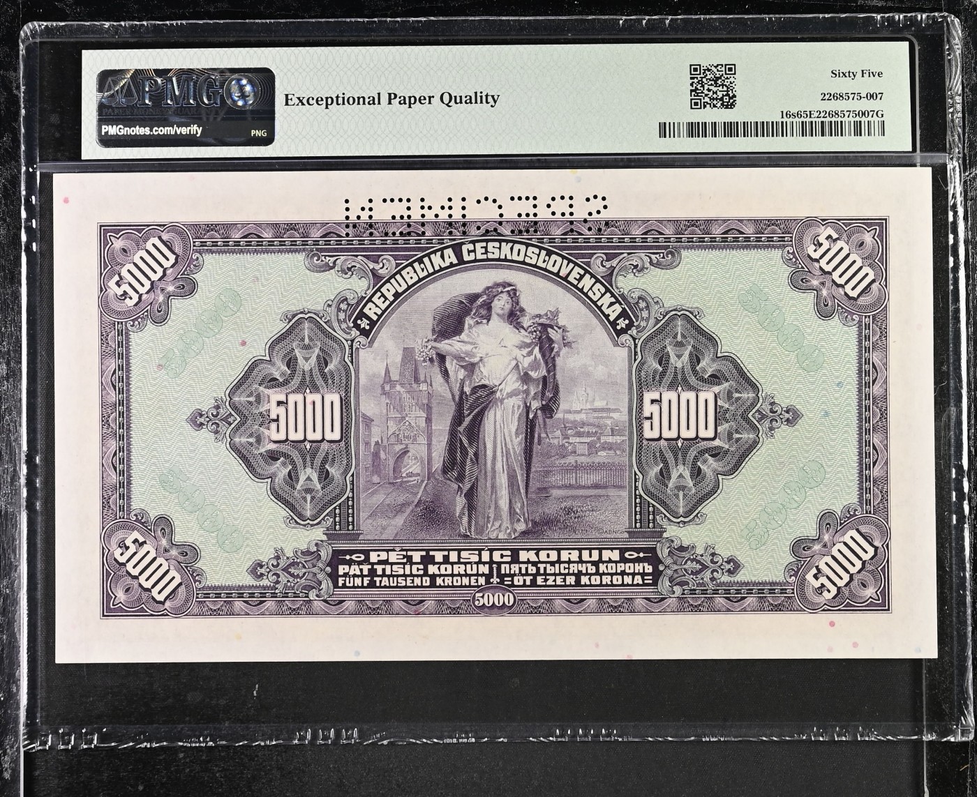 🌗乐淘淘世界纸币拍卖精品场 第35期🌓 【C 566260】波西米亚1943年纸币 5000克朗 样钞 精美大票幅 PMG65EPQ 