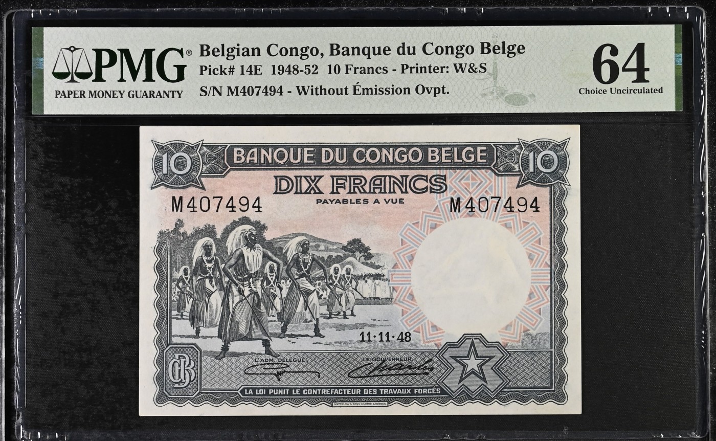 🌗乐淘淘世界纸币拍卖精品场 第35期🌓 【M407494】比利时刚果1948-52年纸币 10法郎 稀少品种 W&S出品 PMG64