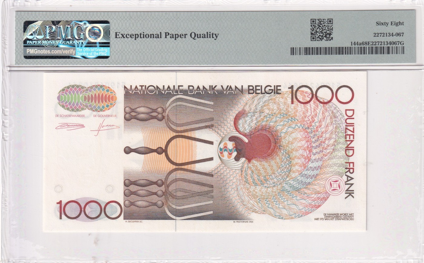 🌗乐淘淘世界纸币拍卖精品场 第35期🌓 【51904240864】比利时1980-96年纸币 1000法郎 PMG68EPQ 冠军分！