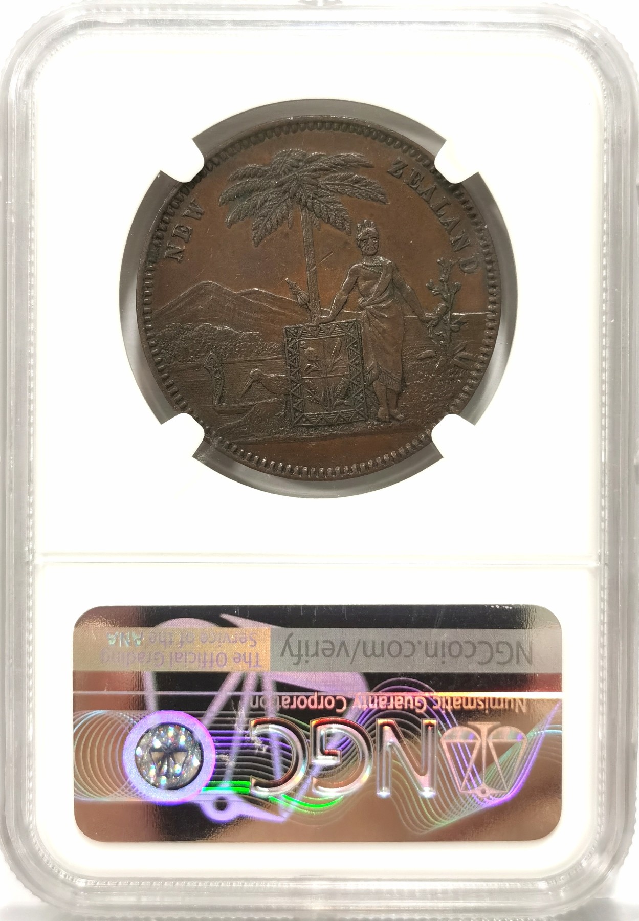 博洋堂世界钱币拍卖第057期（全场包邮） NGC MS61BN 新西兰1857年1便士铜币，巧克力色，正面毛利武士，文字的意思“前进新西兰”，背面毛利妇女、棕榈树等。不常见