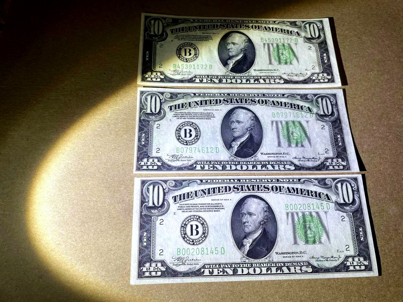 【Blue Auction】✨世界纸币精拍第408期【精】 【一组3张】美国 fr.2006-B 1934年10美金 全新UNC （From The APD Currency Collection）