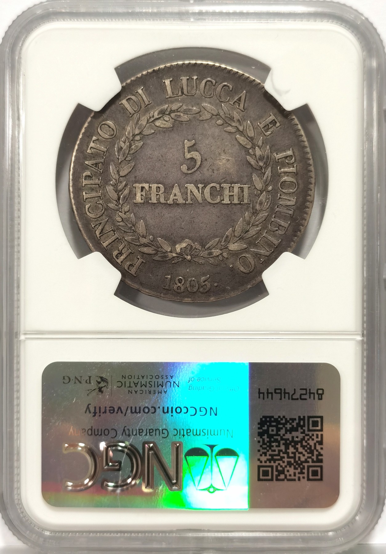 博洋堂世界钱币拍卖第057期（全场包邮） NGC VF25 1805年卢卡&皮翁比诺5法郎 拿破仑妹妹埃莉莎·波拿巴受封的首年版 发行量仅8w枚 百年包浆老味道 出分不易