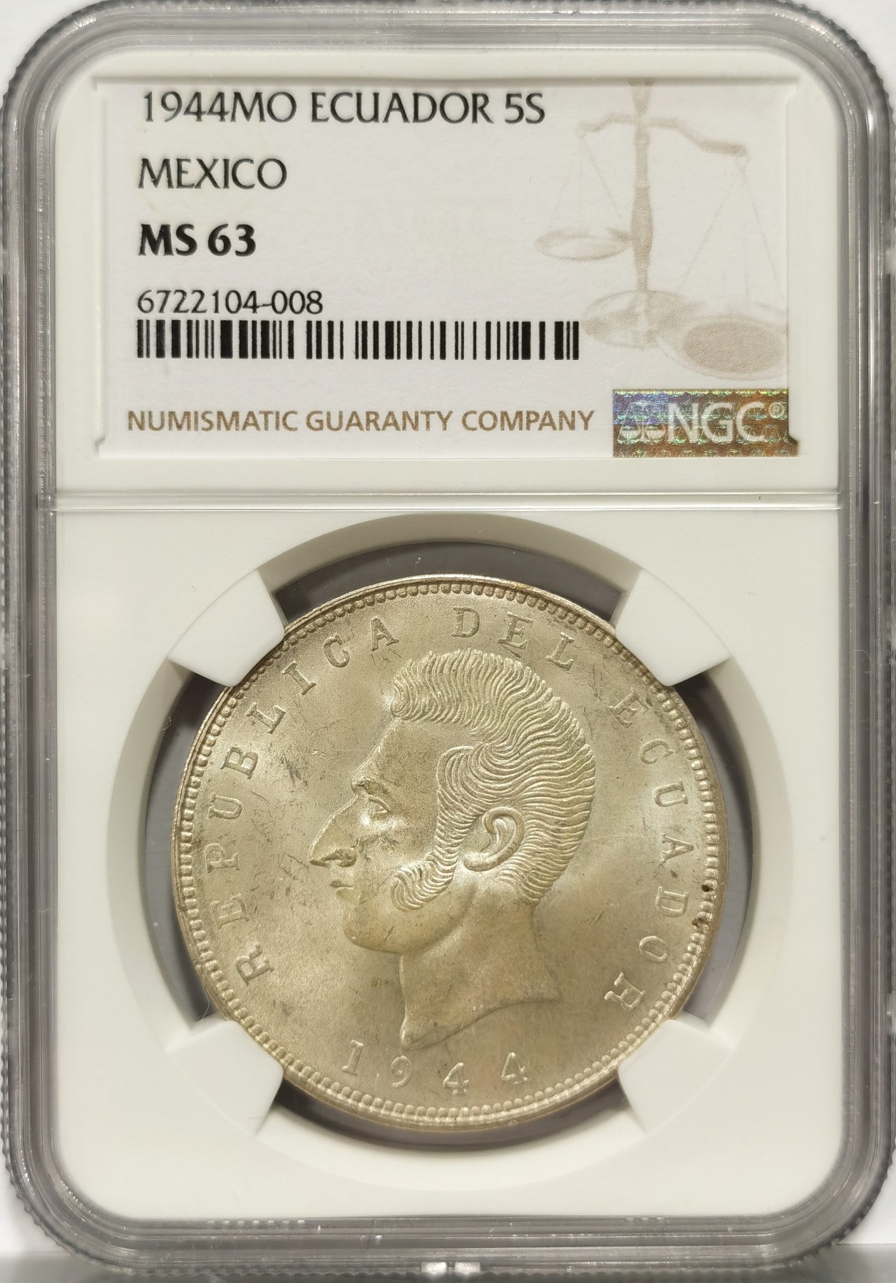 博洋堂世界钱币拍卖第057期（全场包邮） NGC MS63 厄瓜多尔1944年5苏克雷大银币 墨西哥代铸 卷拆品未清洗 凝霜光很漂亮