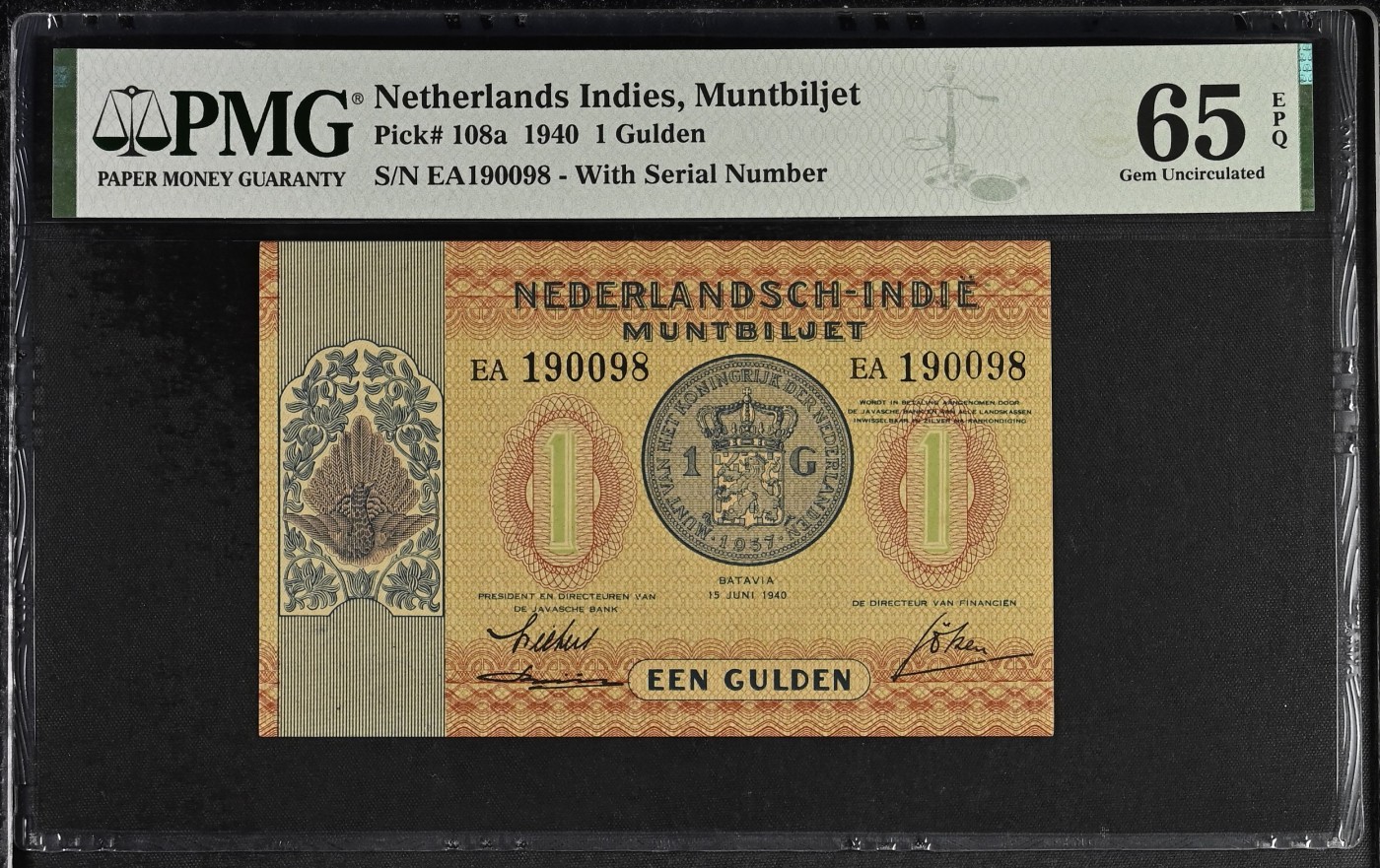🌗乐淘淘世界纸币拍卖精品场 第35期🌓 【EA190098】荷属东印度1940年纸币 1盾 倒置号 PMG65EPQ