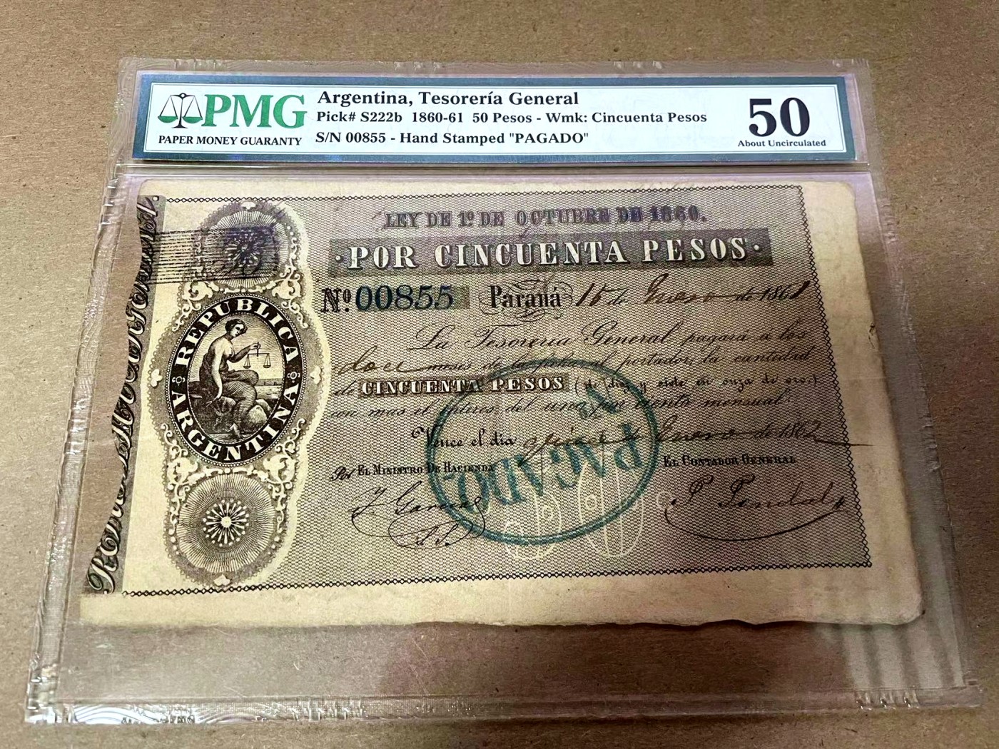 【Blue Auction】✨世界纸币精拍第408期【精】 【仅1张更高分 稀见实钞 855小号】阿根廷 早期 1860-61年50比索 PMG50 大票幅 目录价仅到XF 天平女神 