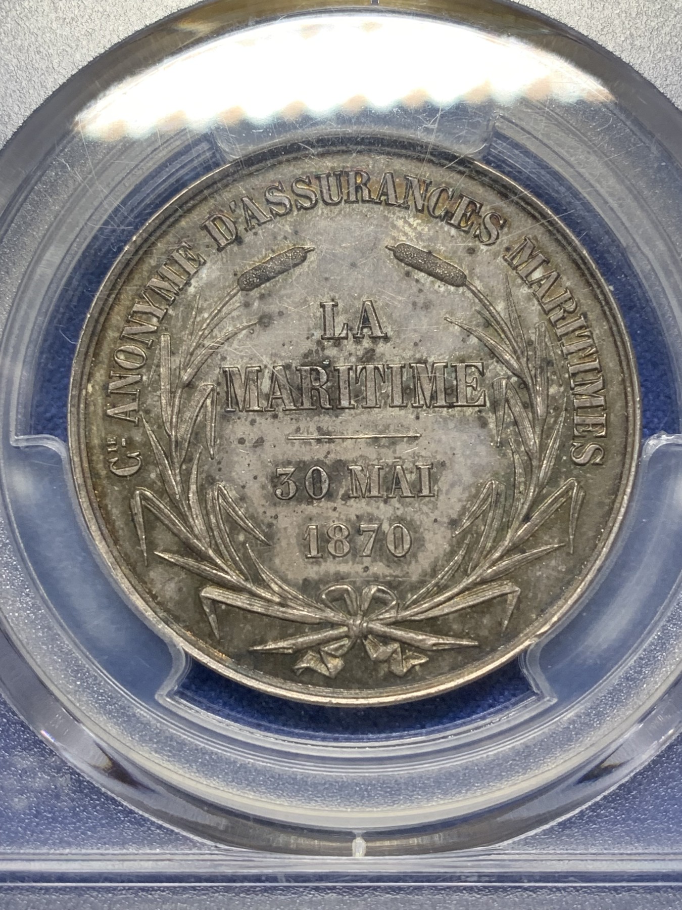 《竞宝斋》八角与章专场 第226场-周日，周一，周二 3场 (全场包邮) PCGS-MS62 法国海上保险公司银质jeton，蜜蜂边铭，少见品种