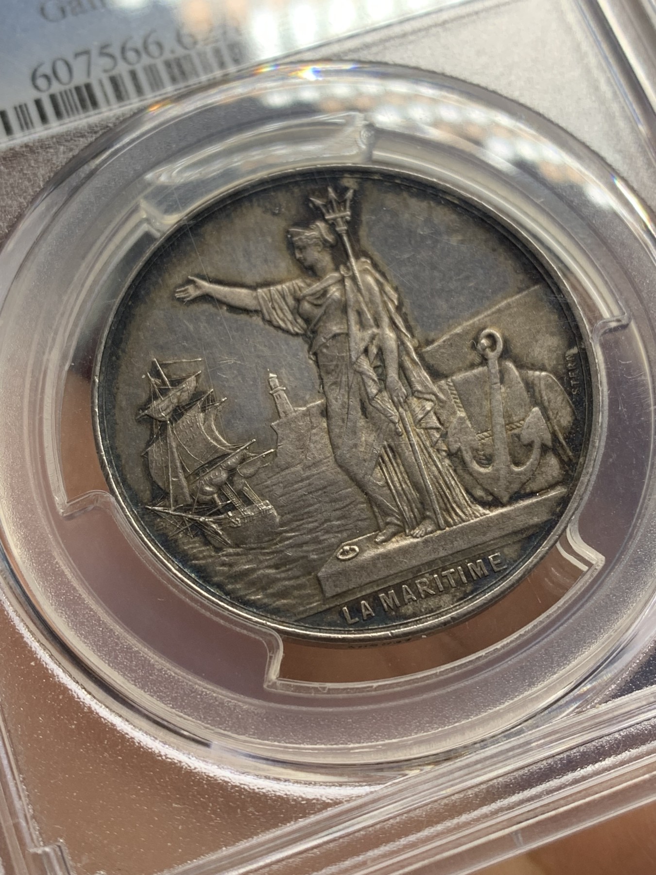《竞宝斋》八角与章专场 第226场-周日，周一，周二 3场 (全场包邮) PCGS-MS62 法国海上保险公司银质jeton，蜜蜂边铭，少见品种
