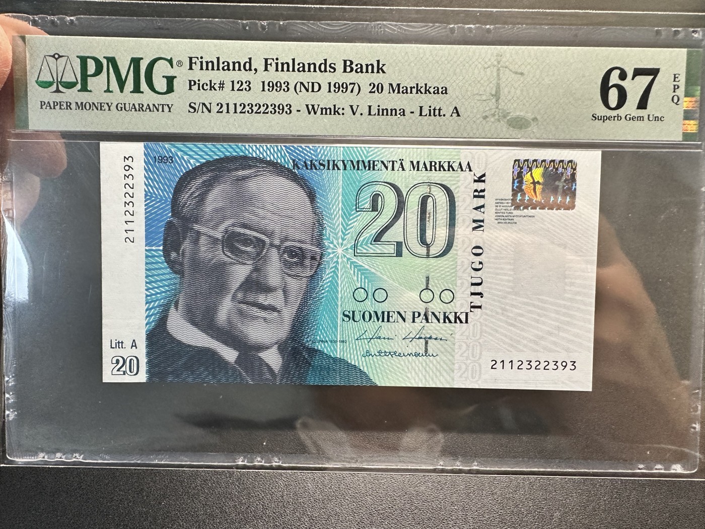 《外钞收藏家》第三百二十三期 1993年芬兰20马克 无47 PMG67