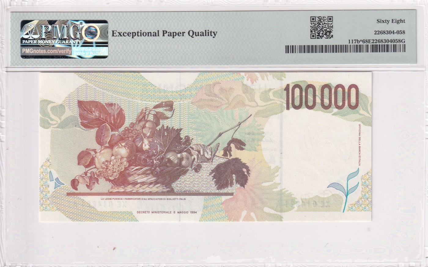🌗乐淘淘世界纸币拍卖精品场 第35期🌓 【XE014821A】意大利1994年纸币 100000里拉 稀少补号 卡拉瓦乔 PMG68EPQ 唯二冠军分！