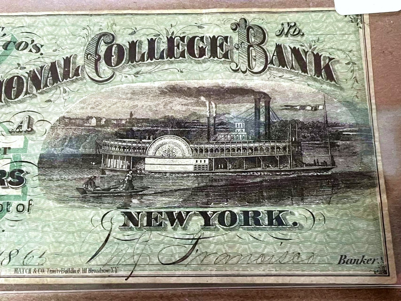 【Blue Auction】✨世界纸币精拍第408期【精】 【手签实钞】美国 纽约 1865年5美金 双面设计精美 大场景  非常罕见的品种 