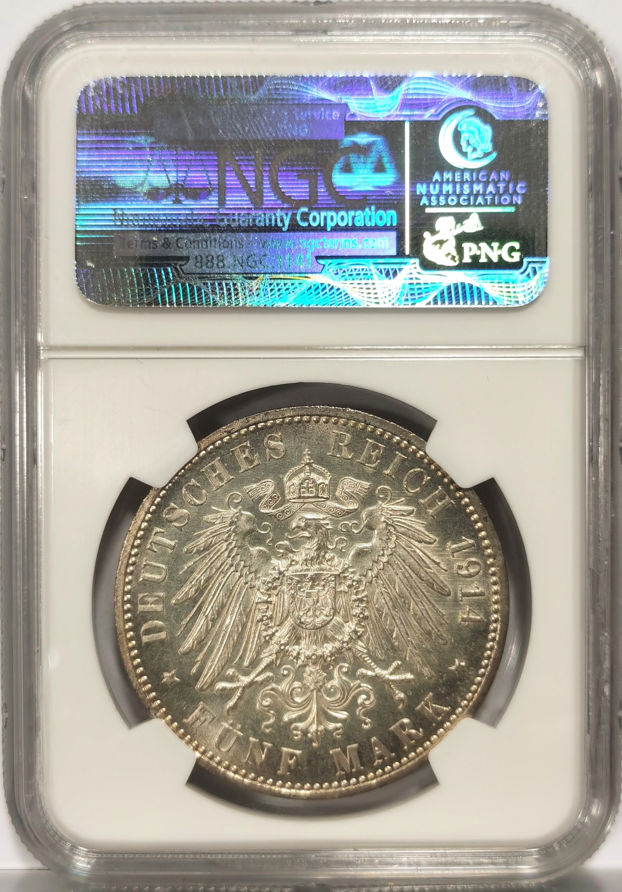 博洋堂世界钱币拍卖第057期（全场包邮） NGC MS64 德国安哈特德绍1914年金婚5马克纪念银币，收藏级分数，底板镜面感