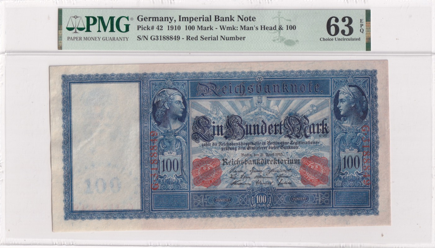 🌗乐淘淘世界纸币拍卖精品场 第35期🌓 【G3188849】德国1910年纸币 100马克 百年老钞 精美大票幅 PMG63EPQ