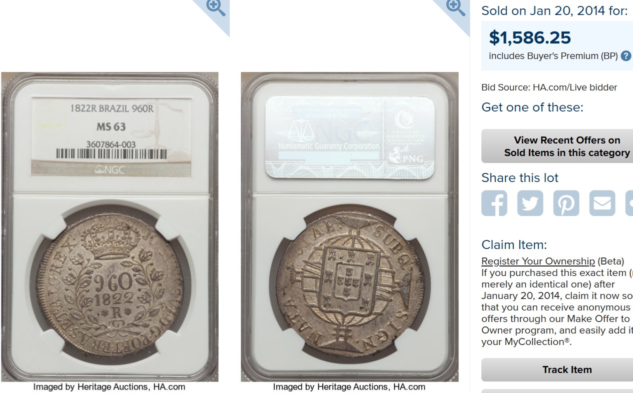 博洋堂世界钱币拍卖第057期（全场包邮） NGC MS63 葡属巴西1822年R版960R地球大银币，高分难度大，仅5枚更高分，2014年购入价1586美金