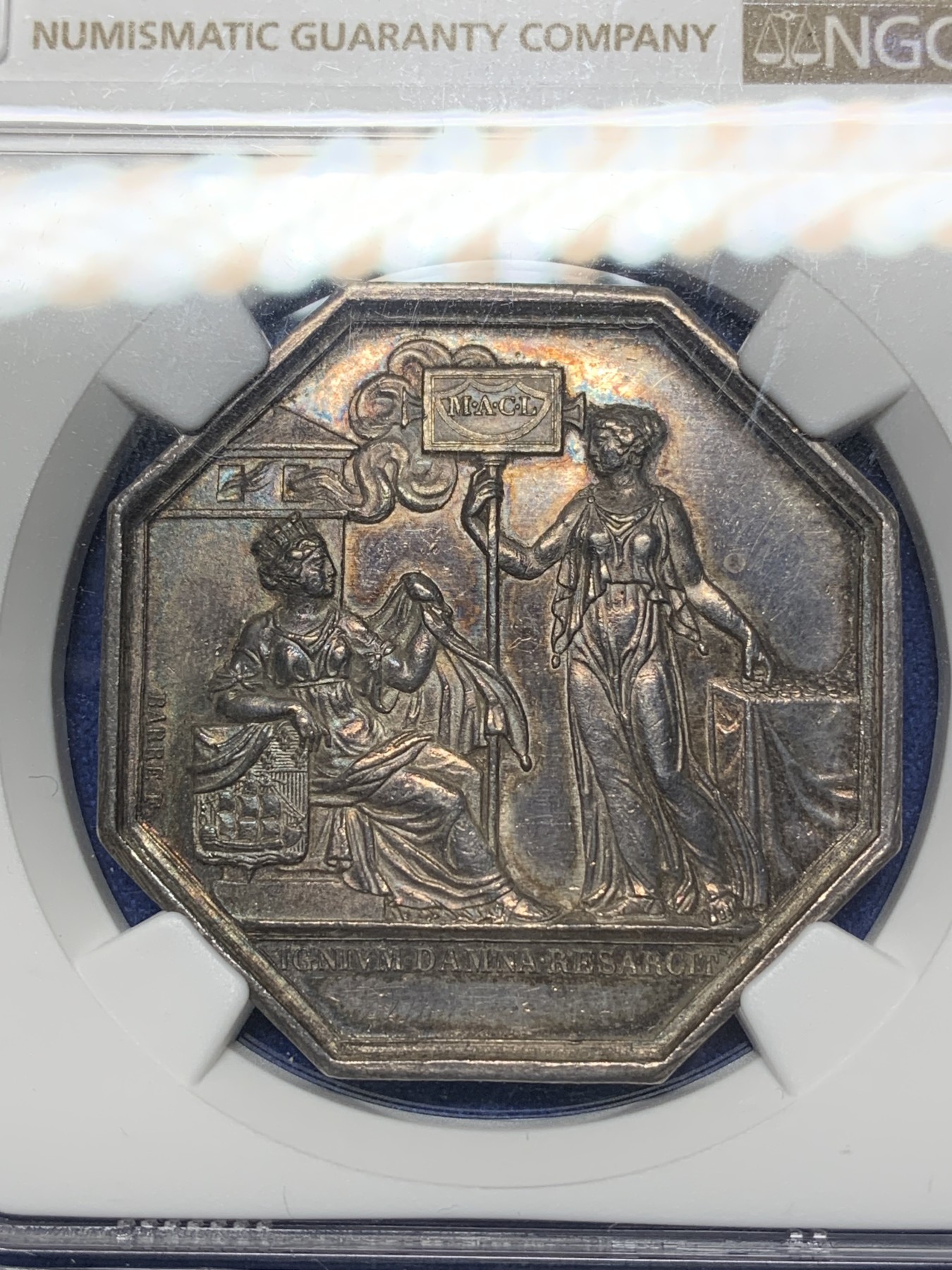 《竞宝斋》八角与章专场 第226场-周日，周一，周二 3场 (全场包邮) NGC MS61 1847年 法国巴黎火灾保险公司八角 银质代币