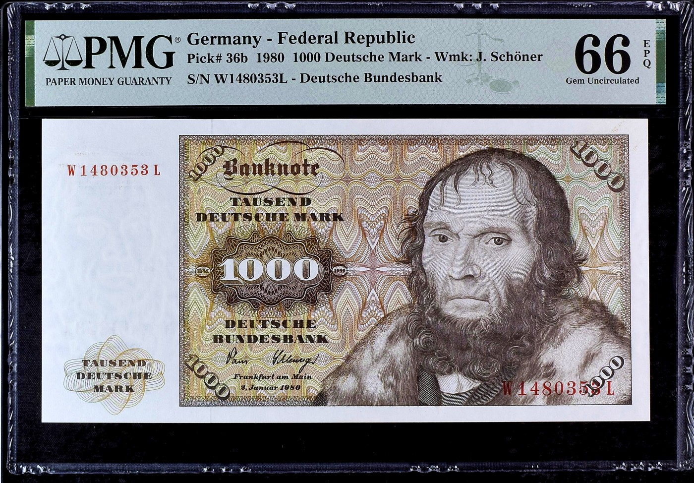 【Blue Auction】✨世界纸币精拍第408期【精】 德国 1980年1000马克 经典舍那 雕刻精美 PMG66EPQ 