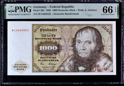 【Blue Auction】✨世界纸币精拍第408期【精】 - 德国 1980年1000马克 经典舍那 雕刻精美 PMG66EPQ 