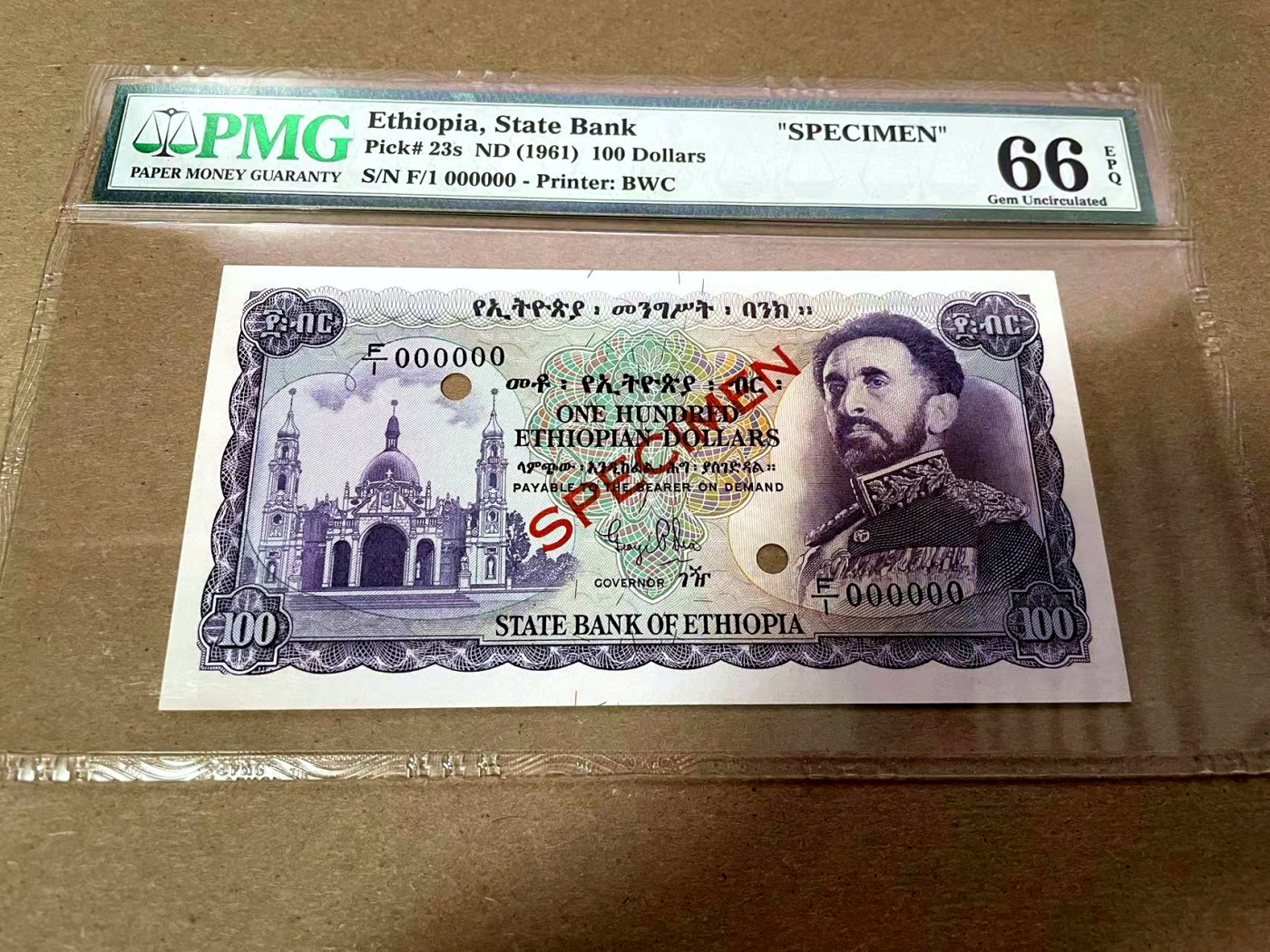 【Blue Auction】✨世界纸币精拍第408期【精】 埃塞俄比亚 1961年100元 末代国王海尔-塞拉西 主图是亚的斯亚贝巴市的圣三一大教堂 该国重要的宗教胜地 塞拉西国王夫妇都安葬于此 PMG66EPQ 老壳子 样钞 BWC雕刻精美 