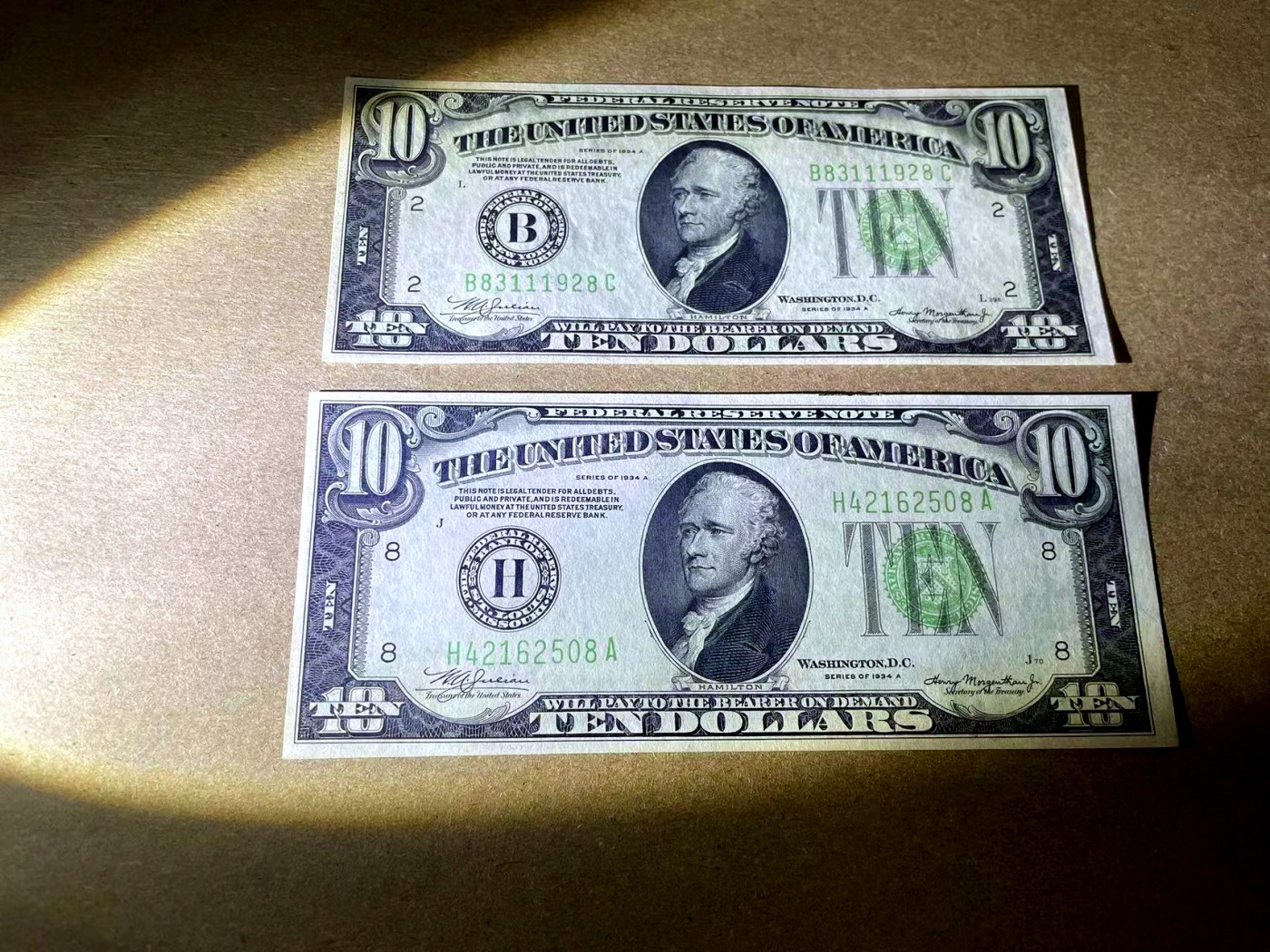 【Blue Auction】✨世界纸币精拍第408期【精】 【一组2张 含无47】美国 fr.2006-B/H 1934年10美金 全新UNC （From The APD Currency Collection）