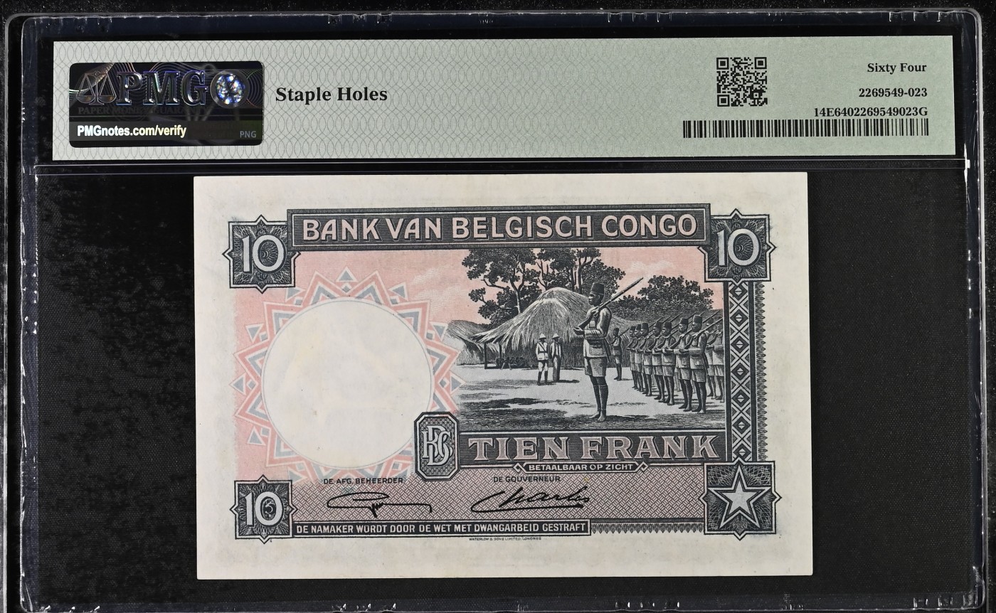 🌗乐淘淘世界纸币拍卖精品场 第35期🌓 【M407494】比利时刚果1948-52年纸币 10法郎 稀少品种 W&S出品 PMG64