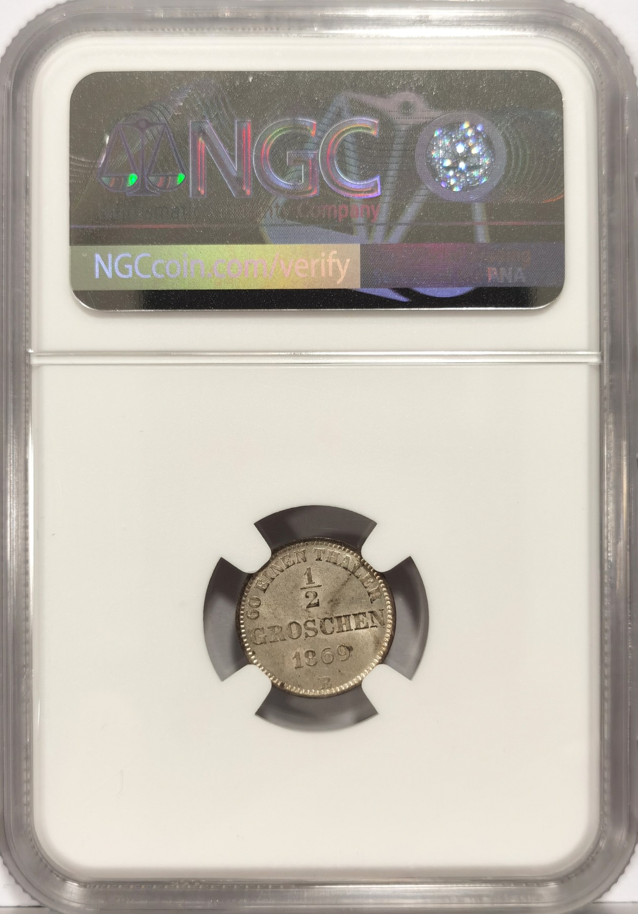 博洋堂世界钱币拍卖第057期（全场包邮） NGC MS64冠军分 德国奥尔登堡1869年1/2格罗申银币