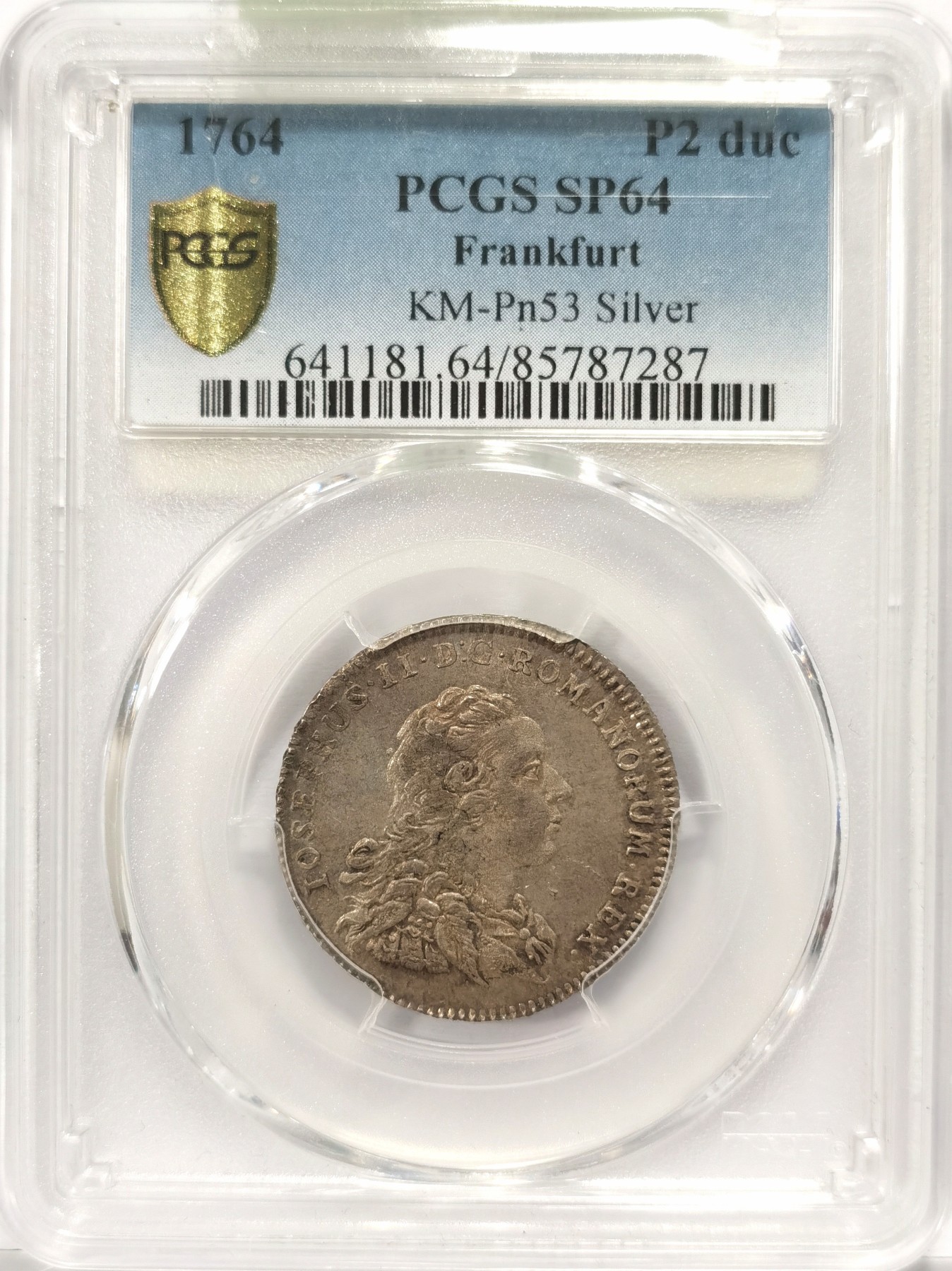 博洋堂世界钱币拍卖第057期（全场包邮） PCGS SP64 1764年法兰克福和平祈祷2杜卡特银样，PCGS评级唯一冠军分；七年战争期间，普鲁士腓特烈二世率普军5万人在法兰克福附近库讷斯多夫与俄奥联军9万人会战，惨遭失败，损失2万余人，为纪念此战役，铸造了2杜卡特的金币，这个是金币的银样。正面是腓特烈二世人像，背面是一个倒卧的将士边上站着一位手持橄榄枝的和平女神
