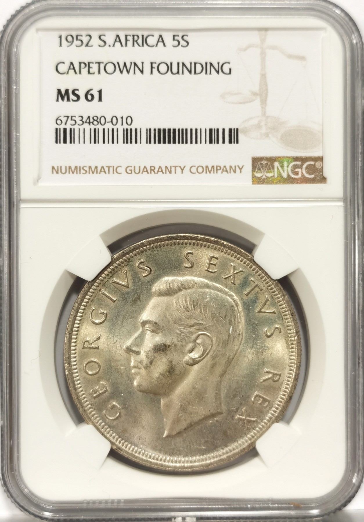 博洋堂世界钱币拍卖第057期（全场包邮） NGC MS61 英属南非1952年乔六发现开普敦5先令大银币