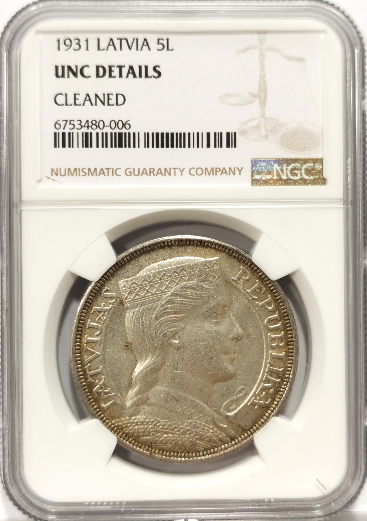博洋堂世界钱币拍卖第057期（全场包邮） NGC UNC 拉脱维亚1931年少女5拉特银币