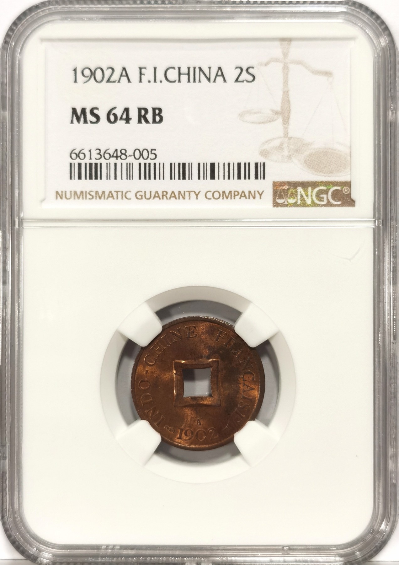 博洋堂世界钱币拍卖第057期（全场包邮） NGC MS64RB 法属印支1902年安南当二方孔铜币，炫彩铜光